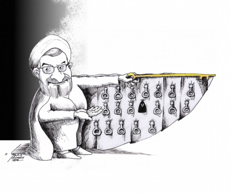 Political-cartoon-Rohani-Cabinet-Key-Salesman-2013-by-Kaveh-Adel-Iranian-American-Cartoonist